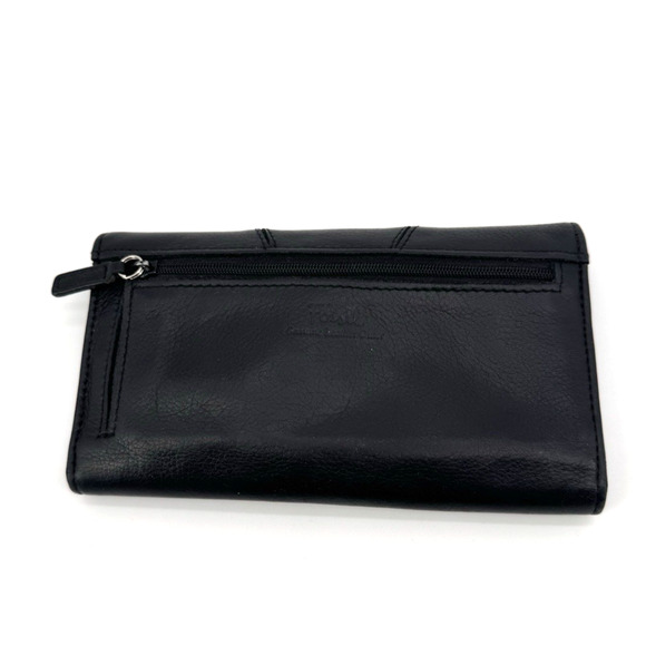 FOSSIL Wallet Black Pebbled Leather Tri-fold Snap Flap Organizer EUC - Picture 2 of 10
